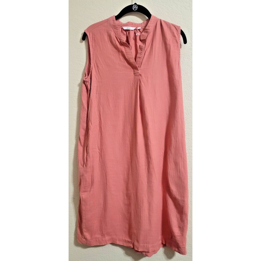 NEW Uniqlo Midi Dress Womens Medium Linen Blend Sleeveless Coral Shift Pockets